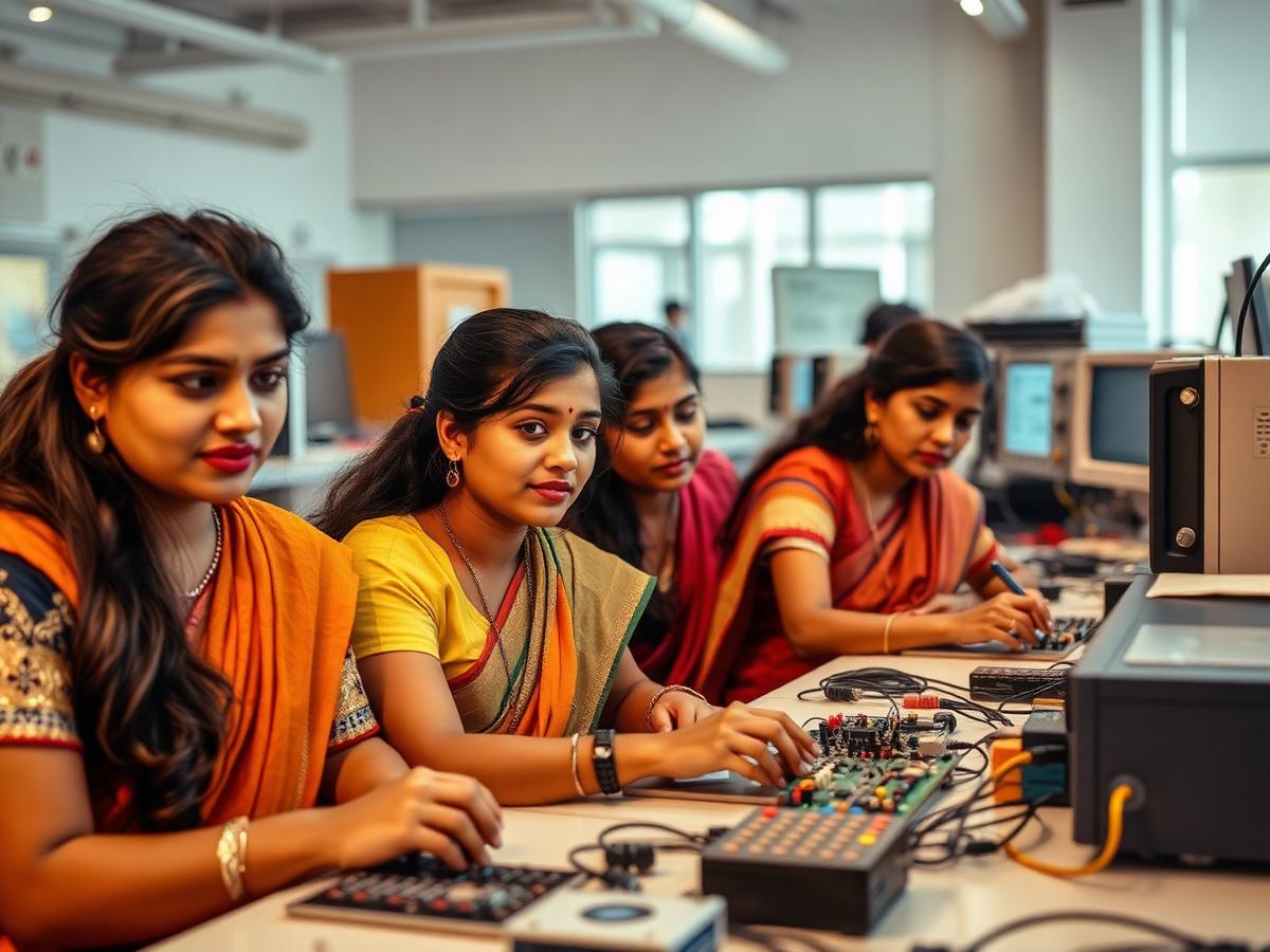 Students testing circuits in the electronics laboratory