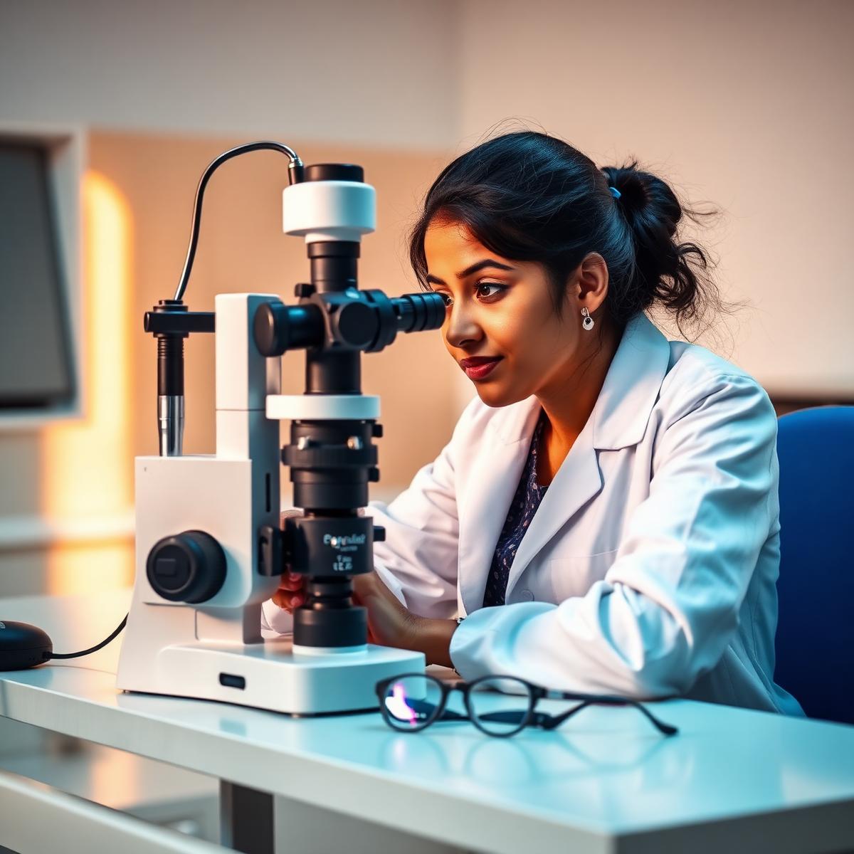 Ophthalmic technology student using a slit lamp